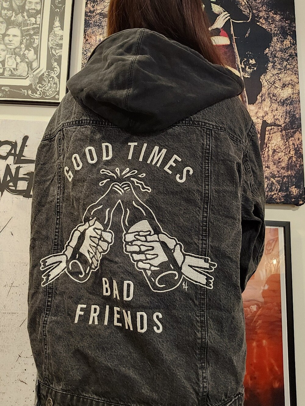 Sketchy Tank Embroidered Denim Jacket With Hood